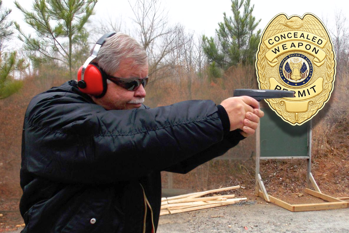 Person at shooting range with Concealed Weapon Permit badge